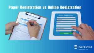A screenshot of hands holding a paper and pen, and typing online registration