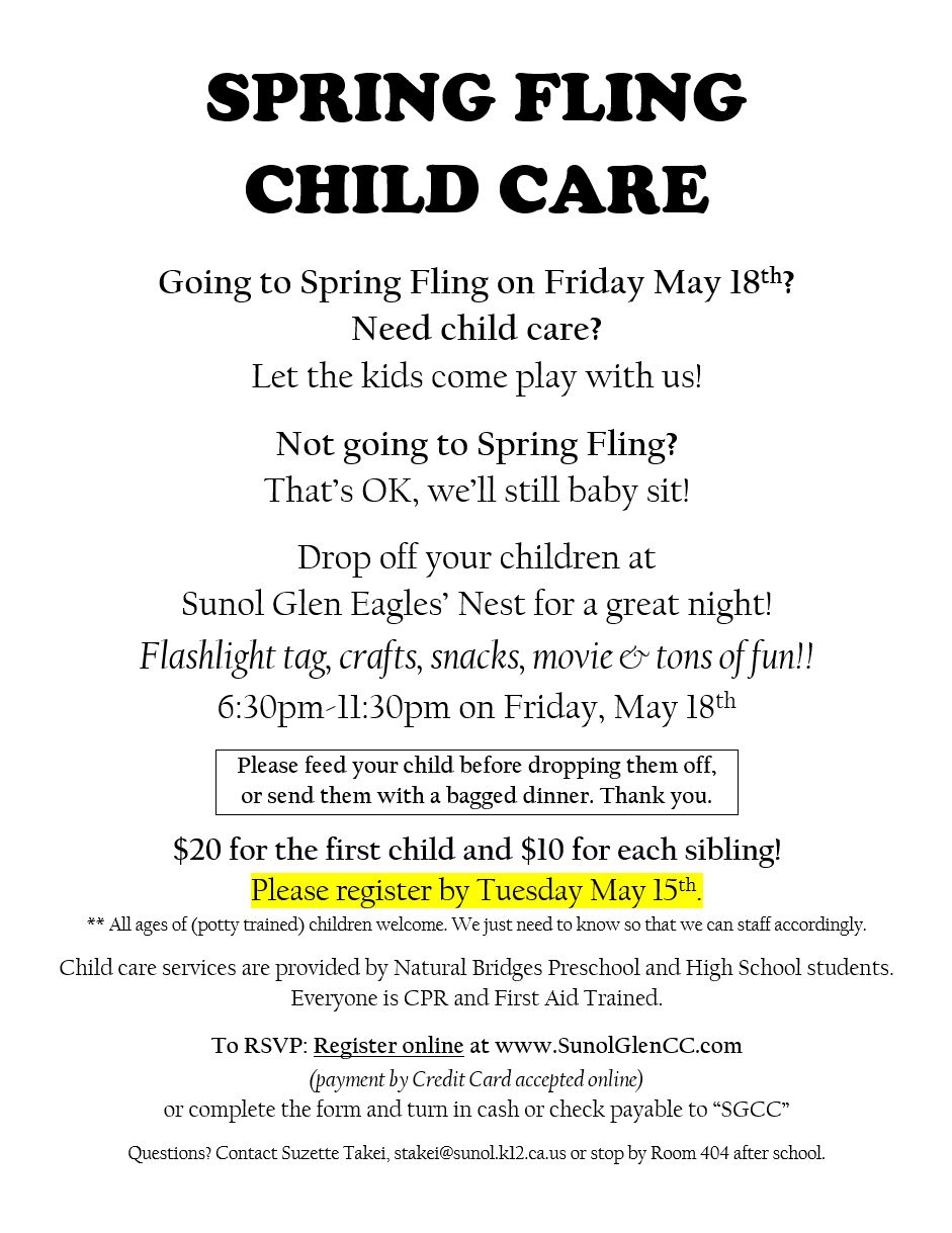 child care for spring fling 2018 sunol glen school fundraisers child care flyer