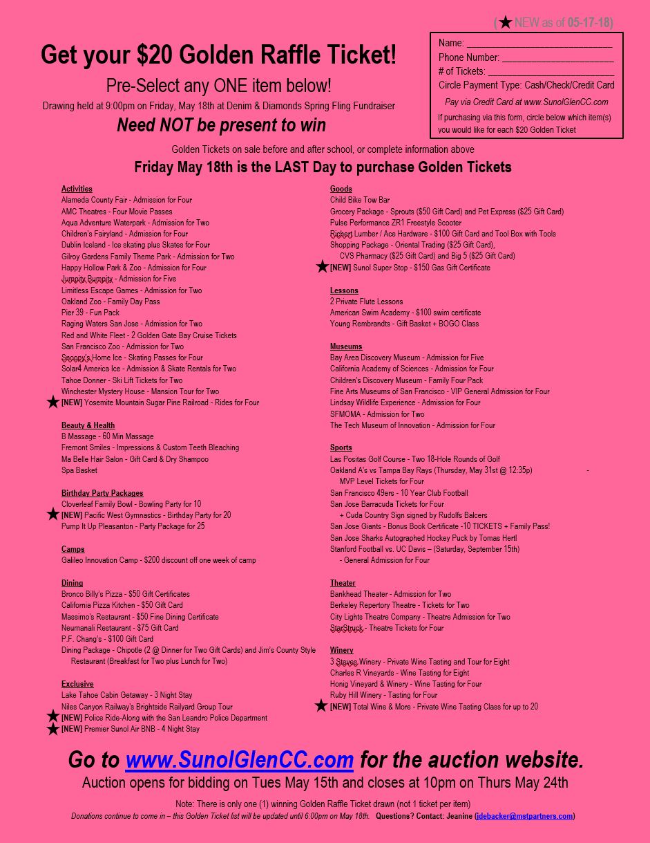 20 golden raffle tickets spring fling 2018 sunol glen school basket raffle tickets