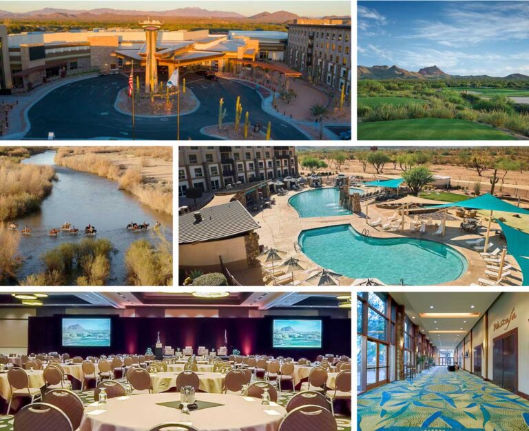 collage of resort images including buildings, pool side hotel, conference room interior and an aerial photo of horseback riders crossing a river